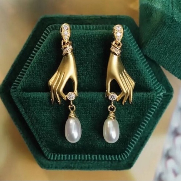 Anthropologie Jewelry - Victorian Golden Hand Baroque Pearl Drop Earrings